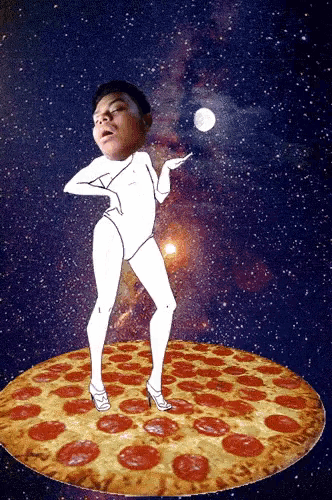 a drawing of a woman standing on top of a pizza