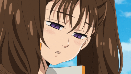a girl with brown hair and purple eyes is looking down