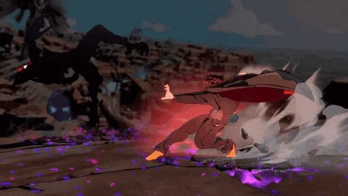 a video game character is being attacked by a monster with purple flames