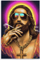 jesus is smoking a cigarette and wearing sunglasses .
