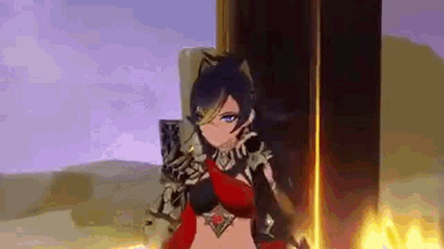 a cartoon character is standing in front of a fire .