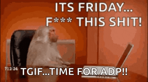 a monkey is sitting in front of a laptop with the words it 's friday