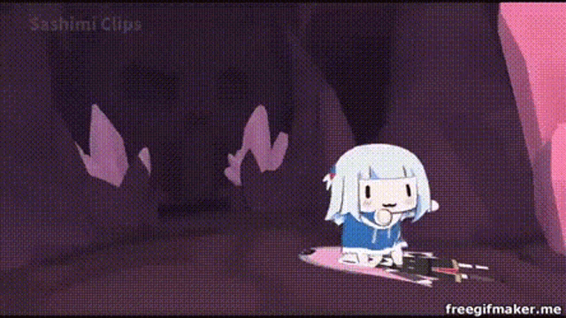 a cartoon character is standing on a pink surface in a dark room .