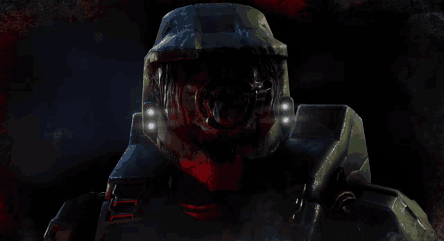 a close up of a video game character 's helmet with a red face