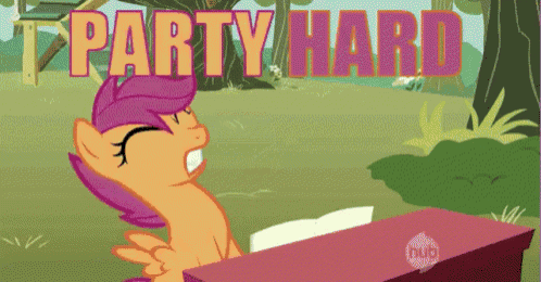a cartoon of a pony with the words party hard written above it