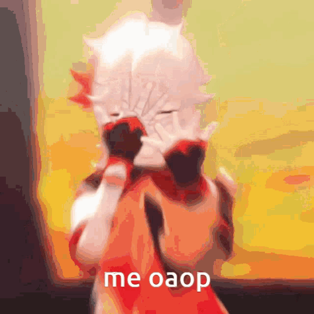 a cartoon character is covering his face with his hands and the words me oaop are below him .