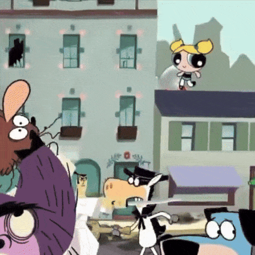 a group of cartoon characters are standing in front of a building with a sign that says ' a ' on it