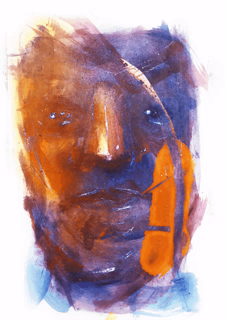 a painting of a man 's face with a blue and orange stripe