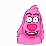 a pink cartoon character with a heart in his mouth is saying `` i love you baby '' .