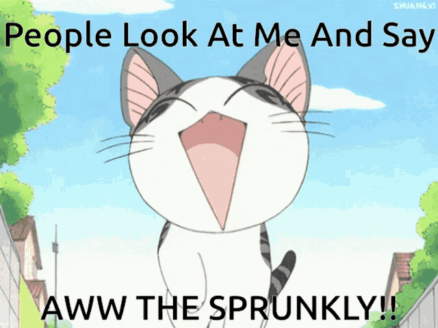 a picture of a cat with the caption " people look at me and say aww the sprunkly "