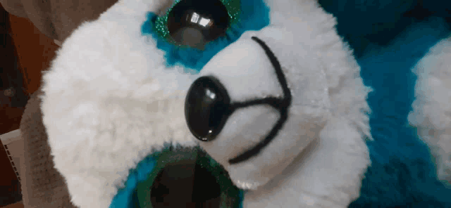a close up of a stuffed animal with a black nose