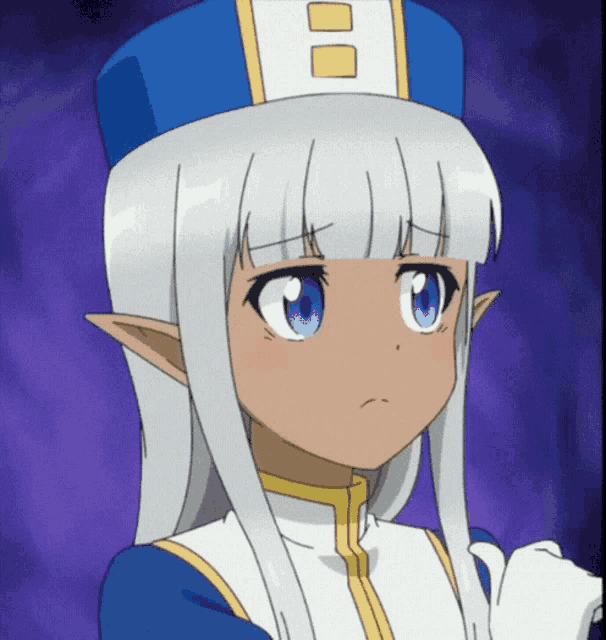 a girl with white hair and blue eyes is wearing a blue hat with a letter b on it