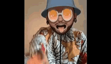 a man wearing a hat , sunglasses , and a hawaiian shirt is making a funny face .
