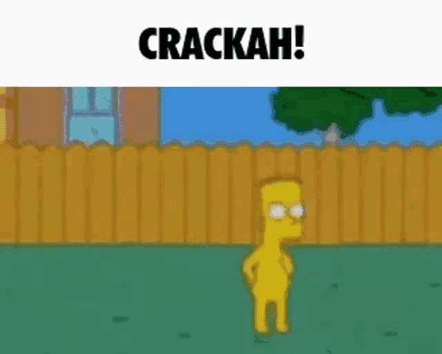 bart simpson is standing in front of a wooden fence with the words `` crackah '' above him .