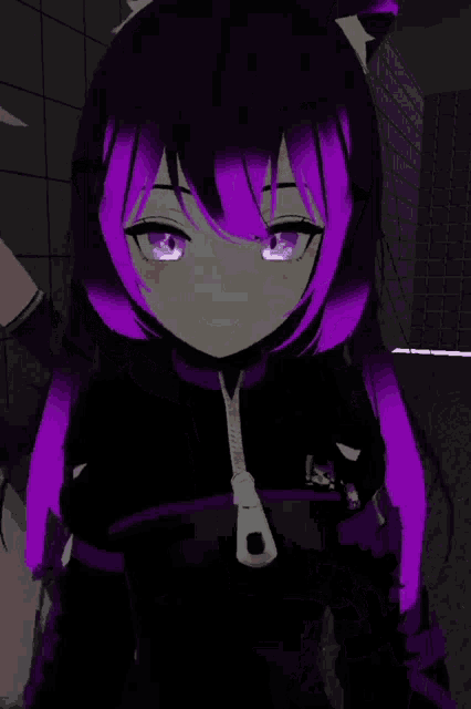 a girl with purple hair and purple eyes is smiling