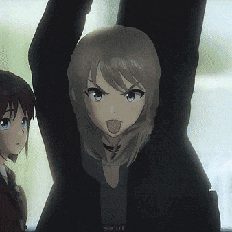 a girl with a choker on her neck stands next to another girl with her hands in the air