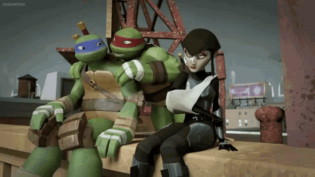 two teenage mutant ninja turtles are sitting next to a woman with a bandage on her arm