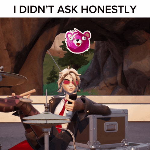 a video game character with a pink teddy bear on his head and the words i didn 't ask honestly