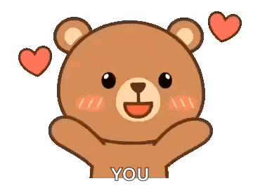 a teddy bear is holding his hands up in the air with hearts around him .