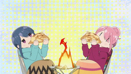 two anime girls are sitting next to each other eating pizza .