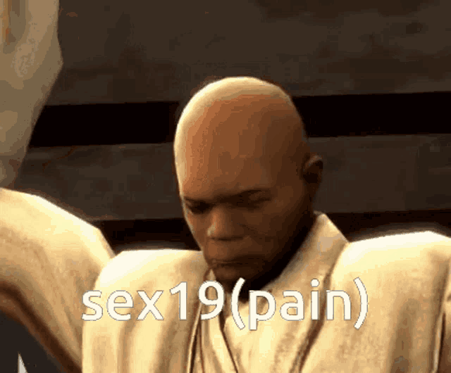 a bald man with the words sex19 ( pain ) on his face