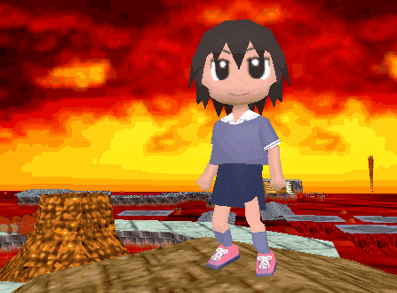 a girl in a blue shirt and shorts is standing on a wooden platform