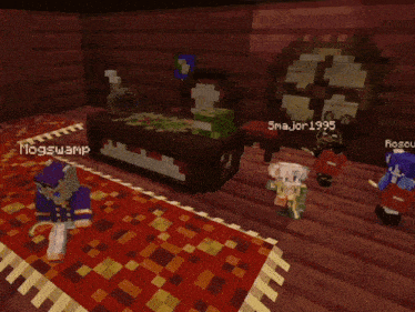 a bunch of minecraft characters are standing in a room and one of them is named in the little wood