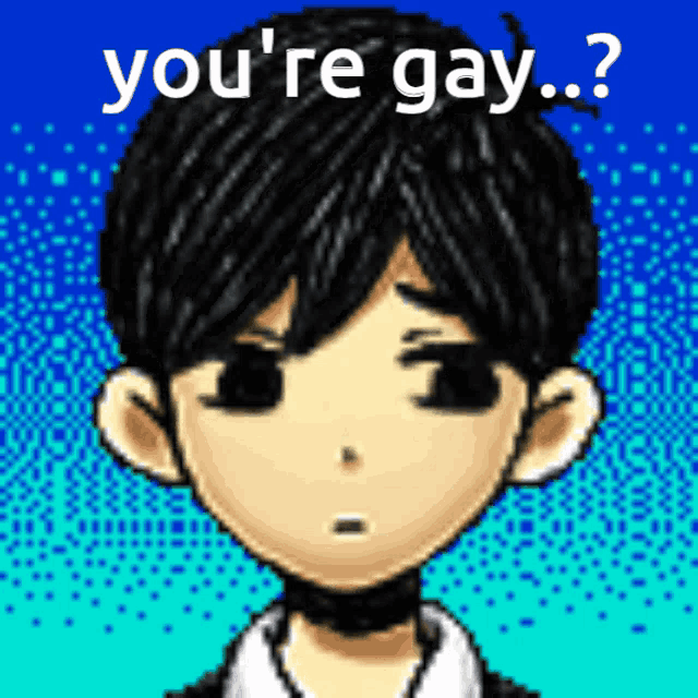a pixel art of a boy with the words " you 're gay " written above him