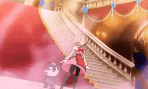 a girl in a pink dress is walking down stairs with a dog