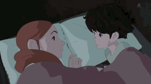 a cartoon of a woman and child laying in bed