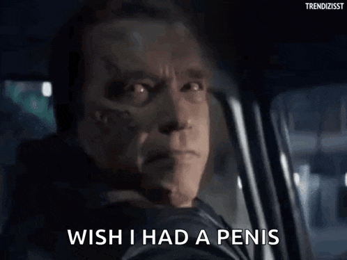 arnold schwarzenegger in a car with the words wish i had a penis on the screen