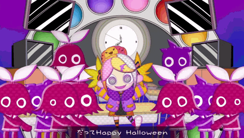 a cartoon of a girl with a clock behind her and the words happy halloween