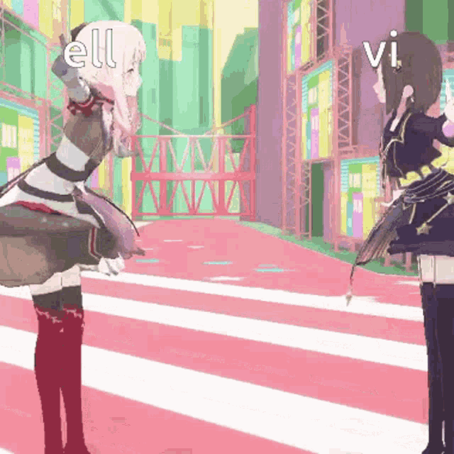 two anime girls are standing next to each other and one of them is saying " ell "
