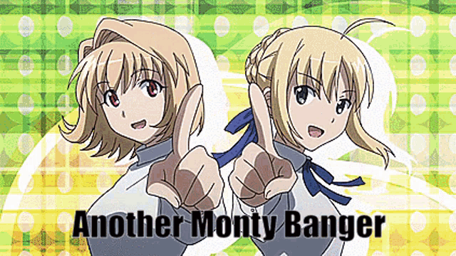 another monty banger anime poster with two girls pointing at the viewer