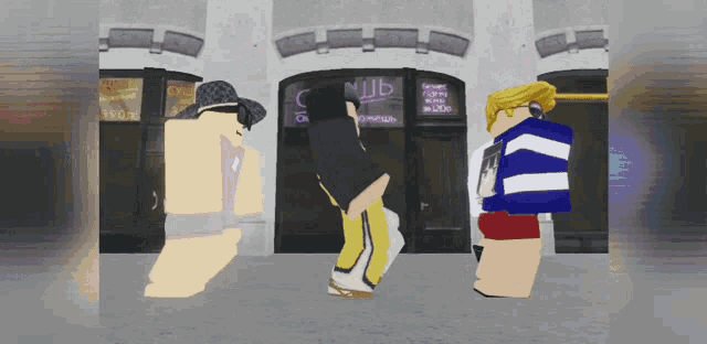 a group of people standing in front of a club