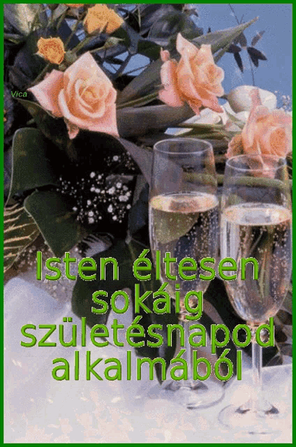 a greeting card in a foreign language with two glasses of wine