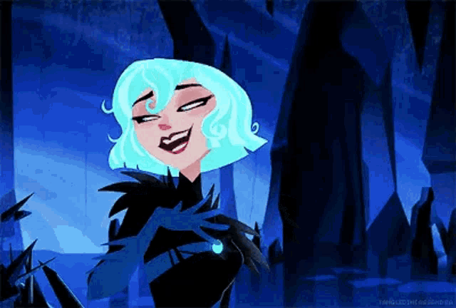 a cartoon character with blue hair and black gloves is smiling in front of a dark background .