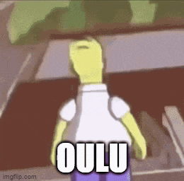 homer simpson from the simpsons is standing in front of a car with the word oulu written on it .