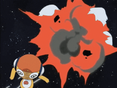 a cartoon character is flying through space with a large explosion in the background