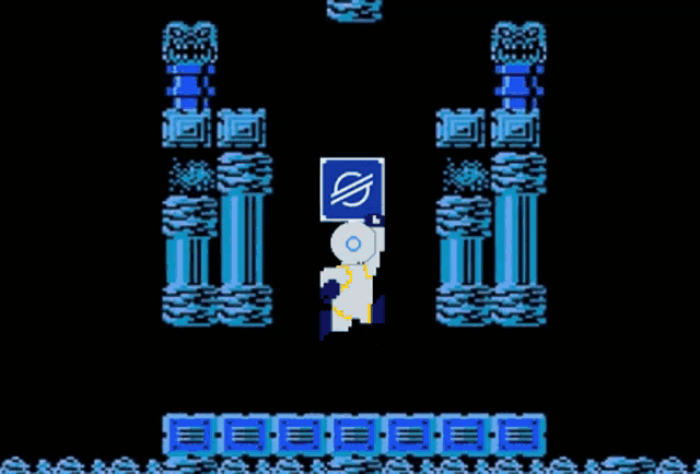 a video game scene with a blue square with a letter s in it