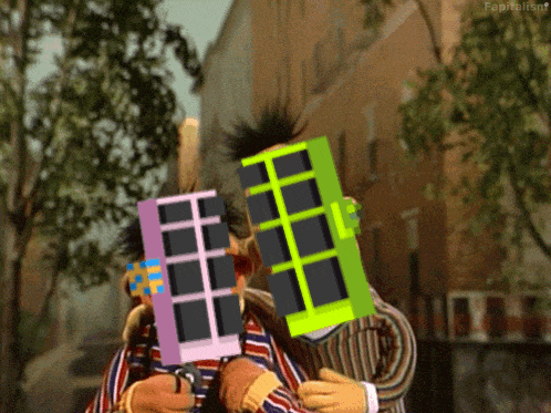 two sesame street characters are hugging each other and one has a green door on his back