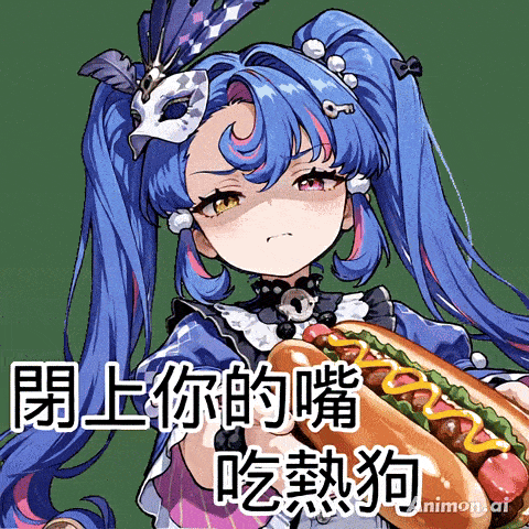 a girl with blue hair is holding a hot dog with mustard on it