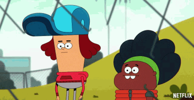 two cartoon characters are standing next to each other with netflix written on the bottom