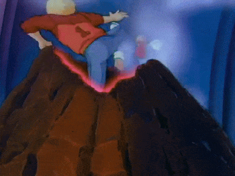a cartoon character is jumping over a volcano with smoke coming out of it .