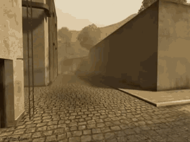 a black and white photo of a cobblestone street between two buildings in a video game .