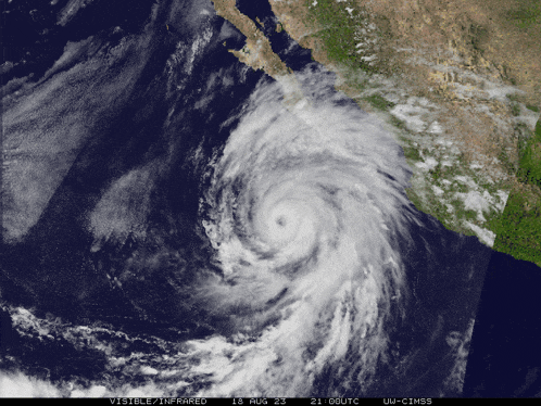 a satellite image of a hurricane with the date 18 aug 23 at 21:00 utc