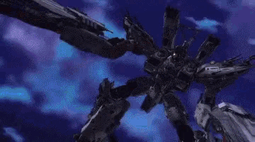 a robot is flying through the air with a purple light behind it