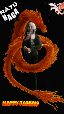 a picture of a woman standing in front of a dragon that says ratu naga on it
