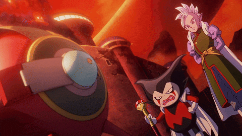 a couple of cartoon characters standing next to each other with a red background