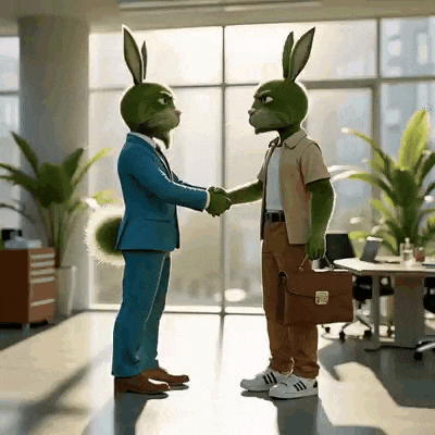 two green rabbits shaking hands in an office